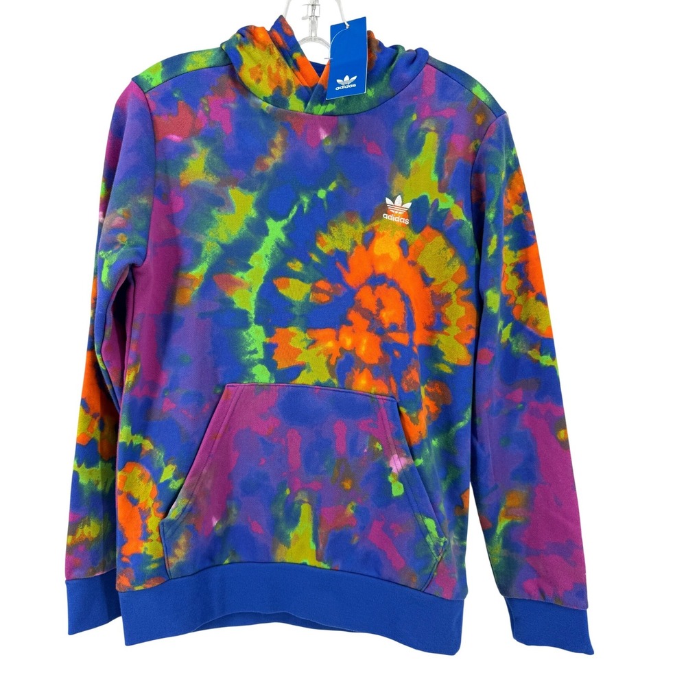 New Adidas Tie Dye Hoodie Women Large Multicolor Fleece Pullover Trefoil Logo‎